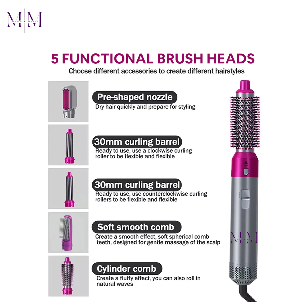 Professional 5 in 1 Hair Dryer & Hot Air Brush Styler, High-Speed Detachable Hot Air Brush for Volumizing, Curling, and Straightening with Anti-Frizz Negative Ion Technology